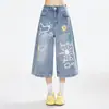 Calça Jeans Cropped Estilosa com Grafite para Mulheres, Calça Wide Leg Estilo Americano de Verão, Shorts Casuais Retos Largos para Rua, Novo Modelo
