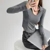 7105# Foto real 260g Camiseta de manga larga acanalada de Modal para mujer, top de primavera y otoño, cuello polo, camiseta básica corta