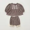 Conjunto de bebê, estilo coreano, manga longa, primavera/outono, xadrez, manga bufante, top estilo boneca + shorts, conjunto de 2 peças para recém-nascidos