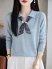 Suéter de Tricô de Lã Fina com Gola Lapela Manga Longa Cachecol Pulôver Solto Camisa Base Top para Mulheres Outono/Inverno 2026