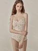 [2 colores] Versión coreana del estilo ins del bikini de una pieza con pliegues en el pecho con diseño floral de estilo Pure Desire, estilo retro de vacaciones para mujer