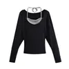 Camiseta de Manga Larga Khaki Relajada de Cuello en U Hombro Descubierto con Tirante Pure Desire para Mujer Otoño Camisola Top Asimétrico de Hombro Conjunto de Dos Piezas