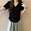 Camiseta de Algodão com Capuz e Manga Curta - Foto Real - Verão Feminino - Cor Sólida - Slim Fit - Emagrecedor - Top Curto com Decote V - Manga Meia