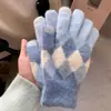Luvas Espessas Versáteis Fofas para Estudantes, Simples, Compatíveis com Tela de Toque, Cinco Dedos, Pelúcia, Xadrez, Luvas de Inverno para Ciclismo para Mulheres