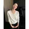 Suéter pullover de punto liso para mujer, cuello en V, holgado, procesamiento OEM, camisa base de punto para otoño e invierno para mujer