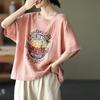 Primavera y Otoño Talla Grande Holgada Reductora de Edad Estampada Algodón y Lino Look Adelgazante Casual Manga Media Camiseta Tops Exportación Venta al Mayoreo