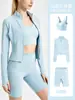 Conjunto de Tres Piezas Transfronterizo: Chaqueta Ajustada de Cuello Alto + Shorts de Cintura Alta Levanta Glúteos + Conjunto de Top de Tirantes Tipo Sujetador con Escote en U