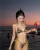 2026 Novo Biquíni Sexy Feminino com Estampa de Triângulo, Push-Up, com Amarração no Pescoço, Cortado, Roupa de Banho para Férias na Praia
