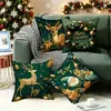 Funda de Cojín Navideña Verde Oscuro y Dorado de Lujo Ligero Funda de Almohada con Estampado de Reno y Guirnalda de Moda Funda de Almohada de Dibujos Animados para Sala de Estar y Dormitorio
