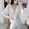 2025 Nuevo Otoño Sexy Moda Satén Encaje de Alta Gama Traje Pantalones Manga Larga Delgados Ropa para el Hogar
