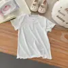 Blusa Base Canelada Stretch Manga Curta para Meninas Estilo Doce de Verão para Menininhas Gola de Renda Fofa Blusa Camiseta de Princesa