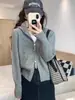 Casaco de Lã 100% Tricotado com Capuz para Mulheres, Jaqueta com Zíper Duplo, Corte Justo, Estilo Coreano, Curto, Peça de Roupa Externa Tendência