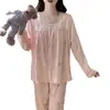Pijama Estilo Princesa para Mujer, Nuevo Estilo Primavera y Otoño, con Almohadillas en el Pecho, Algodón Nube, Mangas Largas y Pantalones Largos, Dulce Conjunto Casual para el Hogar