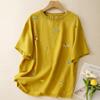 Foto Real de Tops de Algodón y Lino de Alta Gama Europeos con Bordado Pesado para Mujer, Suéteres de Cuello Redondo y Manga Corta, Camisetas Sueltas Casuales Literarias y Artísticas