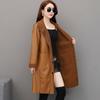 Abrigo de cuero para mujer de estilo coreano nuevo de pierna recta con solapas, abrigo elegante estilo commuter, abrigo casual de una pieza de piel de largo medio