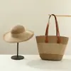 Nuevo Set de Bolso y Sombrero Tejido de Paja, Set de Dos Piezas de Gran Capacidad, Bolso Tote para Viajes al Aire Libre, Sombrero de Ala Ancha para el Sol, Versátil