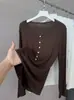 Capa base para mujer Lyocell Tencel Acetato Lana Merino Botones Rayas Otoño Invierno Corte Ajustado Elástico Manga Larga Top Tejido