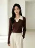 Fábrica de Suéteres Fuente Dalan: Suéter de punto para mujer de otoño e invierno con cuello, tejido de ochos y colores contrastantes, top interior adelgazante, venta al por mayor y hecho a medida