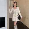 Ropa de Invierno Europea y Americana Nueva para Mujer Color Beige Estilo Chanel Manga Larga Cuello Redondo Grande Espesor Grueso Vestido de Lana Gruesa Falda Base