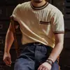 Verão Novo Manga Curta Tricô Masculino Bolso Bloco de Cores Slim Casual de Negócios Tendência Camiseta Comércio Exterior Atacado Transfronteiriço
