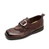 Estilo Novo Primavera/Verão 2025 Sapatos Femininos Planos de Couro de Cavalo Couro Genuíno Vintage Sapatos Pequenos de Couro Lavados Desgastados Pretos Sapatos Femininos Versáteis