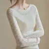 Top elegante de punto calado crochet, estilo francés, blanco, sin hombros, para mujer, perfecto como capa base con estilo para otoño