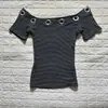 Top Vintage Perforado de Manga Corta, Corte Ajustado, Estilo Moda Y2K, Cuello Redondo, Estilo Urbano para Chicas, Camiseta Hueca 2Ky