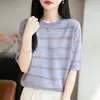 Nuevo Suéter de Punto Lyocell con Cuello Redondo de Manga Corta a Rayas para Mujer, Calado, Bloque de Color, Suéter Pulóver