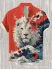 Camisa Creativa para Hombre con Cuello Mao, con Elementos de Estampado de Grulla Animal, Corte Holgado para Verano, de Lino con Mangas Cortas