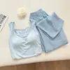 Conjunto de Camisola con Almohadillas en el Pecho, Ropa de Dormir de Verano Suelta para Mujer, Top de Imitación de Algodón + Pantalones, Algodón Nube con Cuello de Solapa