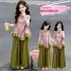 Conjunto Leve de Qipao Estilo Chinês Novo para Verão 2026 para Crianças Mais Velhas, Calça de Perna Larga Solta Tendência