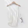 Top Camisola Tricô Minimalista de Linho Tencel com Decote V para Mulheres Sem Mangas Verão Fino Camada Base