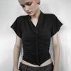 Nueva Moda Versátil Casual para Mujer Transfronteriza Diseño Simple Adelgazante de Cintura Cuello en V Color Sólido Camiseta de Manga Corta