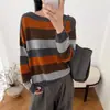 Suéter Tricot Color Block Listrado Retrô para Mulheres, Caimento Solto, Estilo Coreano para Início do Outono, Suéter Casual de Lã Honey Bear Emagrecedor, Peça Básica