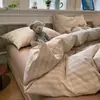 Funda de edredón a rayas y cuadros de algodón lavado, juego de cama de cuatro piezas, estilo sábana plana, estilo sábana ajustable, juego de tres piezas para dormitorio, estilo simple y minimalista