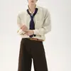Top de camisa de manga larga estilo academia, vintage y versátil, con corte holgado, detalle de corbata, rayas verticales, diseño casual, estilo americano para primavera y otoño