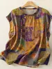 Camisa feminina plus size de gaze de algodão estampada artística vintage, corte solto com gola franzida, top que rejuvenesce para o verão