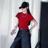 Conjunto Jeans Reto Retro para Meninas Primavera/Verão 2025 Nova Menina T-shirt Vermelha Slim Fit Gola Redonda