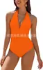 Aliexpress Amazon Popular Transfronterizo Europeo y Americano Multicolor Cuello en V Cubre Piel Espalda Fruncida Aspecto Adelgazante Traje de Baño de Una Pieza para Mujer