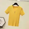 Camiseta de Manga Corta con Cuello en V, Tejida, Blanquinegra, de Seda Helada, para Mujer, Tendencia Verano, Ajustada, para Usar como Capa