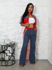 3074 Ropa Transfronteriza Europea y Americana para Mujer Amazon Splicing de Mezclilla Color Cuello Alto Cremallera Top Pantalones de Pierna Ancha Conjunto de Dos Piezas para Mujer