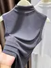 Camiseta sin mangas de malla estilo coreano con cuello semi-alto para mujer, camiseta base de malla elástica ajustada, top de color liso para usar debajo de un traje