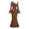 Vestido de estilo europeo transfronterizo con hombro asimétrico y manga acampanada para mujer, decoración de lazo, manga larga ligeramente transparente, vestido maxi de sirena