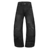 Marca trendy americana jeans banana pierna curva desgastados negro-gris textura de bigotes lavado a la piedra pierna ancha holgada caída para hombre
