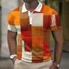 Camisa Polo Europeia e Americana Masculina Transfronteiriça Tendência com Estampa Digital 3D, Bloqueio de Cor Xadrez, Manga Curta, Colarinho Cuban