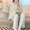 Pijama nuevo para mujer de manga larga tipo algodón traje de primavera y otoño suelto estilo japonés perezoso pantalones de manga larga a rayas ropa de casa al por mayor