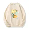 Moletom com gola redonda, forro de fleece e espessura para mulheres, apresentando uma divertida estampa floral de desenho animado, um corte casual e solto, e um novo design outono/inverno