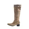 Botas de tacón grueso con tacón apilado, punta fina y caña ancha de gamuza, estilo único, botas vaqueras western vintage, botas largas plisadas para mujer