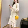 Vestido Jersey de Encaje Empalmado de Longitud Media para Mujer 2026 Nuevo Estilo Coreano Color Sólido Jersey de Punto Retorcido para Mujer