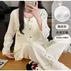 Conjunto de Pijama Cardigan de Algodón Nube para Mujer Primavera y Otoño Manga Larga con Sujetador Incorporado Cuello Redondo Dos Piezas Estilo Coreano Ropa de Casa Femenina